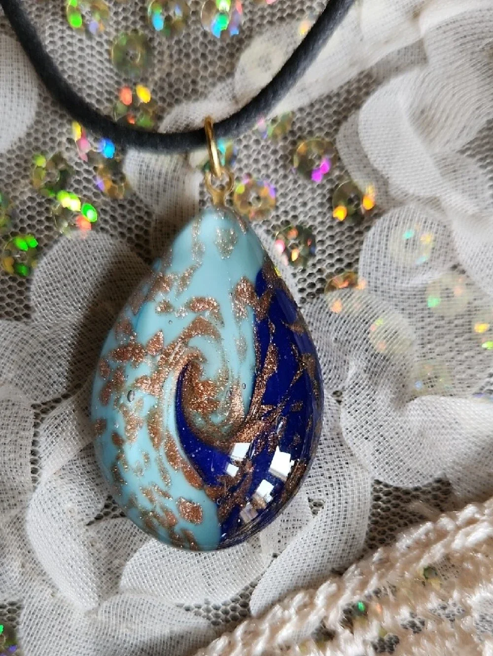 Handmade Teardrop Blue and Turquoise Glass Pendant And Swireled Ceramic Pendant